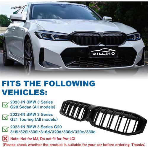 G20 Grill - Black Kidney Grille Compatible With 2023-IN BMW 3 Series G20 320i/330e/330i/M340i ABS Double Slat Gloss Black