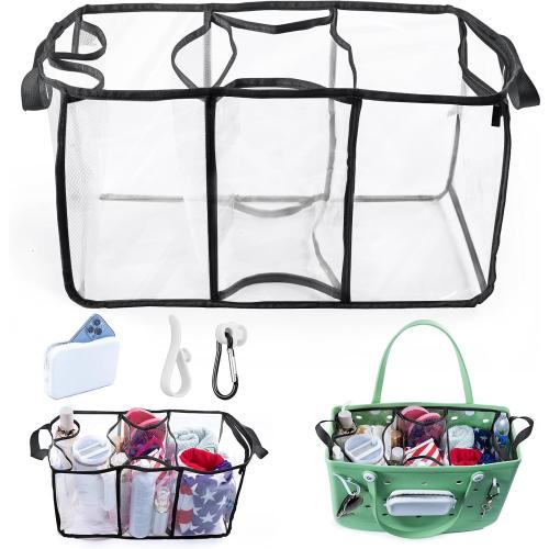 AMOIGEE Clear Beach Bag Organizer Insert with 3pcs Accessories for XL Bogg Bag Inserts - Tote Bag Divider with Sunglasses Holder, Phone Holder and Clips Hooks - Beach Tote Insert Organizer Liner