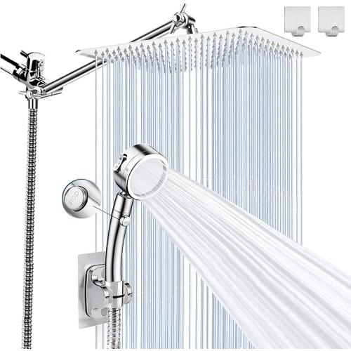 Shower Head, High Pressure 10 Square Rain Shower Head with 3 Settings Handheld Spray Combo, 78 Extra Long Shower Hose, 3-Way Diverter, Height/Angle Adjustable Extension Arm, Chrome, BELLEARLY