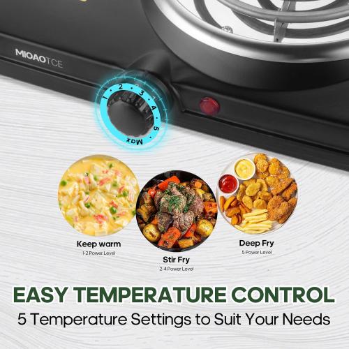 Double Burner Hot Plate Electric, 1800 Watts Electric Burner with 5.2 & 6 Coiled Element, Adjustable Temperature, for Dorm, Office, Home, Camp, Compatible for All Cookwares
