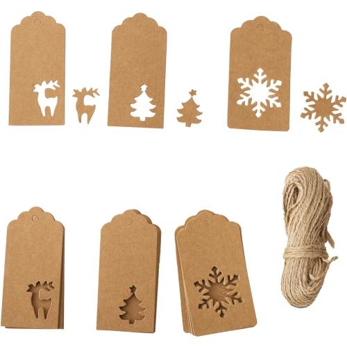 150 Pcs Christmas Paper Tags with String Attached Labels Christmas Tree Snowflake Reindeer Design Writable Hang Tag with 30 Meters Jute Twine for Christmas Holiday Present Wrap (Brown)