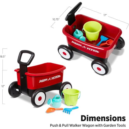 Radio Flyer Push & Pull Walker Wagon with Garden Tools, Red, for Kids 1-4 Years Old, Locking Handle for Stability, Baby Push Walker Converts to Pull Wagon, for Indoor & Outdoor Play