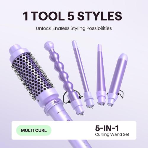 Wavytalk 5 in 1 Curling Iron,Curling Wand Set with Curling Brush and 4 Interchangeable Ceramic Curling Wand(0.5”-1.25”),Instant Heat Up,Include Heat Protective Glove & 2 Clips (Purple)