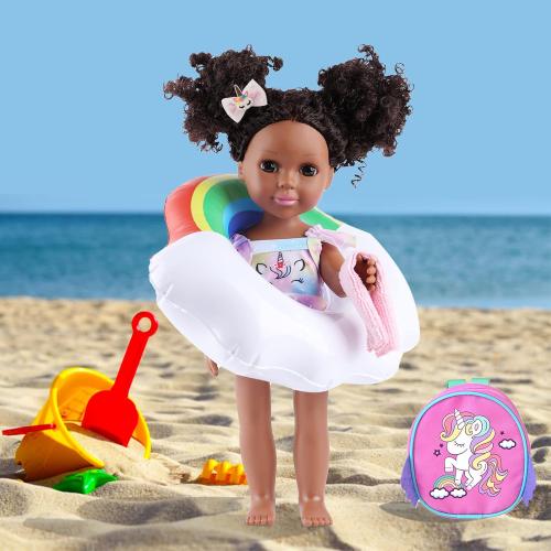 Black Dolls and Black Baby Doll Accessories - 14.5 Inch Silicone African Baby Doll with Clothes Unicorn Theme Doll Swimsuits Best Gift for Girls Kids