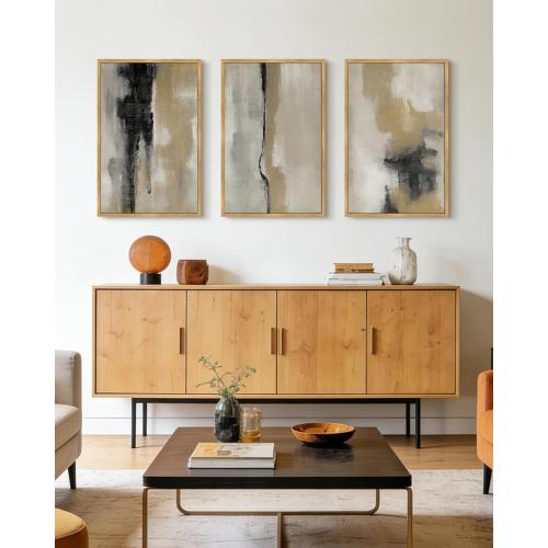KUVIOKE Black Abstract Framed Wall Art Neutral Graffiti Pastel Minimalist Wall Decor Modern Art Painting for Bedroom Living Room 24x36in (Natural Framed)