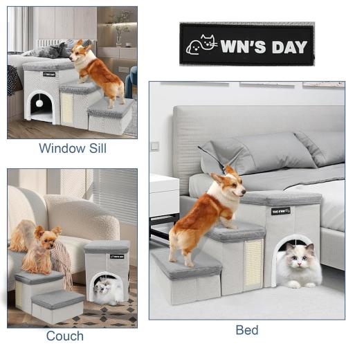 Dog Stairs for Bed Couch Folding with Storage, Dog Stairs for Small Dogs to Get On Bed with Cat Condo, Steps for Large Medium Dogs, Old Cat Pet Stair Steps for High Beds 17.2 H, Pet Ramp Up to 220LBS