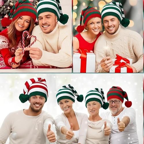 6 Pcs Christmas Elf Hat Knitted Santa Hat Winter Beanie Striped Hat for Adult Xmas New Year's Party Costume Accessory