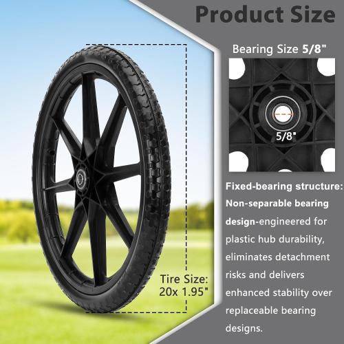 Upgraded 20 Flat Free Wheels Compatible with rubbermaid Wheelbarrow Tires, 20 Flat Free Tires with 5/8 Bearings Replacement for rubbermaid Cart Wheels/Big Wheel Utility Carts(5/8 Bearings)