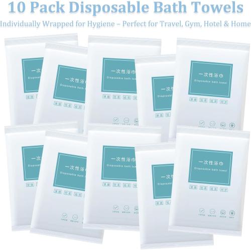 Disposable Bath Towels, 10 Pack Individually Wrapped, 55'' × 27.5'' Portable Travel Towels, Ultra-Soft & Quick-Dry Body Towels for Hotel, Gym, Beach, Camping, Swimming