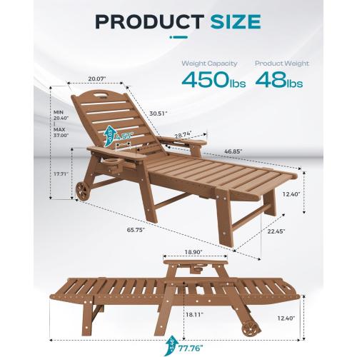 Oversized Outdoor Chaise Lounge Chair, HDPE Patio Chair with Wheels | Oversized outdoor HDPE chaise lounge with wheels & cup holder, 5 adjustable position, UV-resistant for patio, pool & backyard