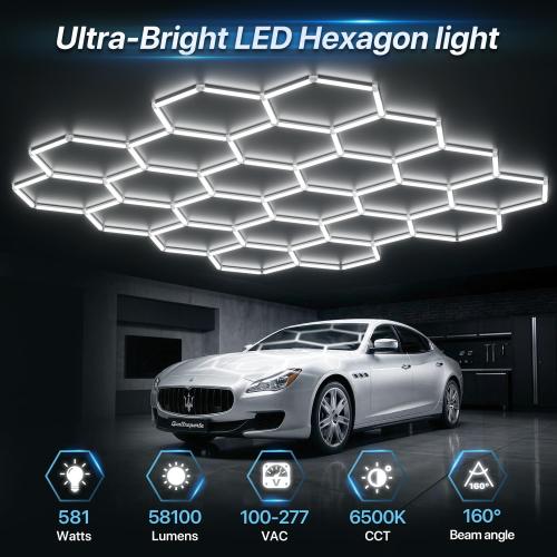 HYPERLITE Gen 2 Hexagon Garage Light, Upgraded 3 Level Dimmable 581W 58100LM Super Bright Garage Detailing Lights, 22 Grids Hexagon Shop Lights, Hex LED Lights for Basement, Gym, Barber