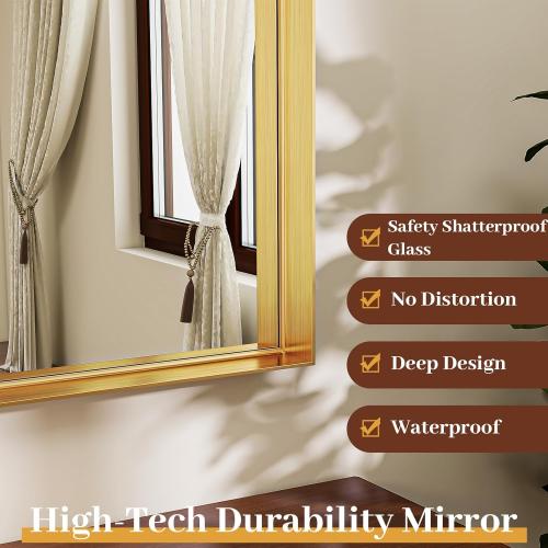 20 x 30 Luxury Arched Bathroom Mirror - Arch Wall Mirror with Shatterproof Tempered Glass and Metal Deep Frame, Hanging or Leaning for Living Room, Dresser, Entrance and Hallway, Gold