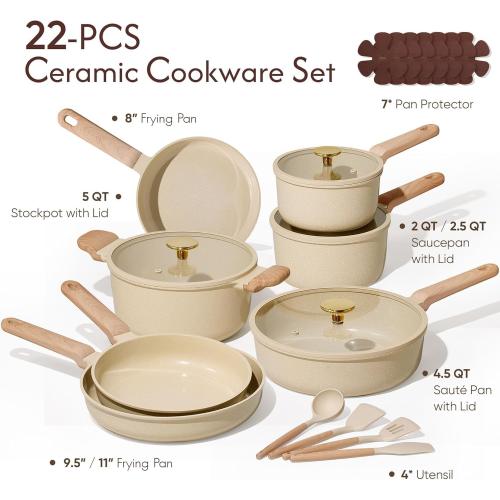 CAROTE 22pcs Ceramic Cookware Sets, Pots and Pans Set