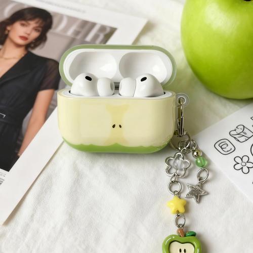 for Cute Green Apple Case Compatible with AirPods Pro 3rd Generation, Hard PC Shockproof Protective Cover with Keychain, Front LED Visible Kawaii Fashion Earbud Case for Women Girls