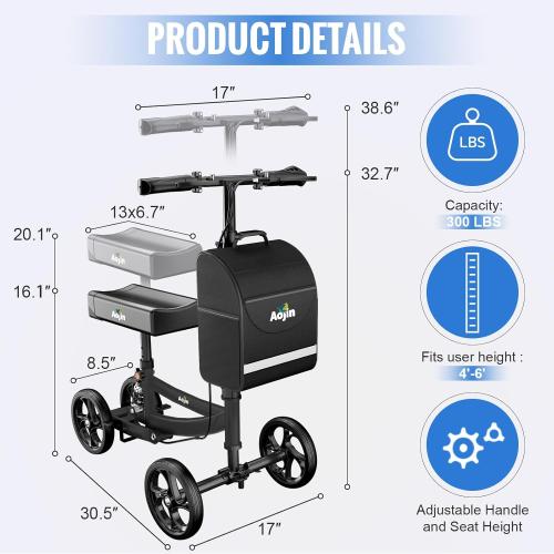 Knee Scooter, 300lbs Capacity, 13 Big PU Seat, All Terrain Foldable Knee Scooter Walker with Bag for Foot Injuries Compact Crutches Alternative (Black)