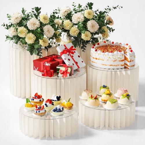 HeiMma 6 Pack Buffet Risers, Foldable Accordion Food Display Risers with Acrylic Disc, Dessert Table Display Set, Cardboard Paper Cupcake Cake Stand for Party Cylinder Stands for Parties Drink Collectibles Jewelry Figures, White
