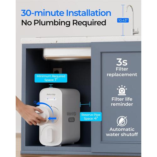 Waterdrop G5P500 Reverse Osmosis Water Filter, NSF/ANSI 58 & 372 Certified, 7 Stage Reverse Osmosis System, 500G RO Water Filtration System, 2:1 Pure to Drain, Reduces TDS PFAS, BPA Free