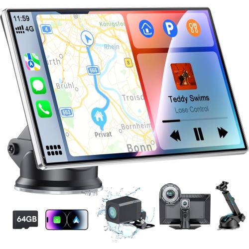 9 Portable CarPlay Screen for Car, CooCom UHD Car Stereo with Touch Screen with Apple CarPlay&Android Auto,4K Dash Cam,1080P Backup Camera,Mirror Link, Voice Control, Bluetooth 5.3,GPS,FM