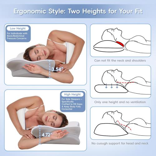 Cervical Neck Pillow, Memory Foam Pillows for Neck and Shoulder Pain Relief, 2 Heights Ergonomic Pillow with Breathable Ice Silk Cover, Neck Support Pillow for Stomach Sleepers White