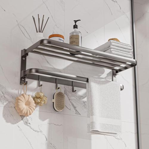 Towel Racks for Bathroom, 24inch Foldable Towel Holder with Double Towel Bars, Rustproof Towel Organizer Towel Hanger, Wall Mounted Bath Towel Shelf with 7 Hooks for Bathroom, Lavatory - Grey