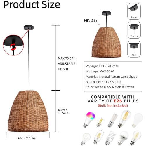 3-Light Dark Curry Rattan Pendant Light,16.54 Rustic Hanging Light,Brown Wicker Pendant Light Hand-Woven Rattan Chandelier for Workplace Restaurants Dining Living Kitchen Farmhouse