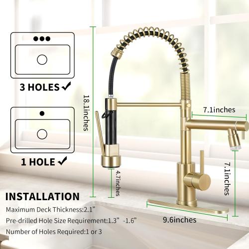 KZH Kitchen Faucet with Pull Down Sprayer Commercial Single Handle Stainless Steel Two Spout Kitchen Sink Faucet with LED Light, Deck Plate, Brushed Gold
