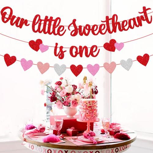 Our Little Sweetheart is One Banner Heart Garland for Kids Valentines Day 1st Birthday Party Decorations Romantic Red and Pink Glitter Party Supplies