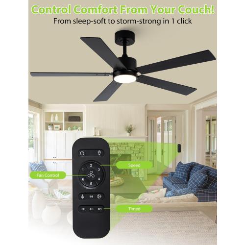 Ceiling Fans with Lights, 52 Inch Modern Ceiling Fan with Remote Outdoor Ceiling Fan for Bedroom, Living Room,High CFM Ceiling Fans with 3CCT LED Lights Kit, Quiet DC Motor, Timer
