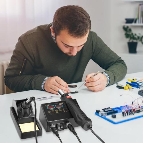 Rework Soldering Station, 2 in 1 SMD Hot Air Solder Station and Soldering Iron Kit Heat Gun with Soldering Tips, Hot Air Nozzles, Tweezers