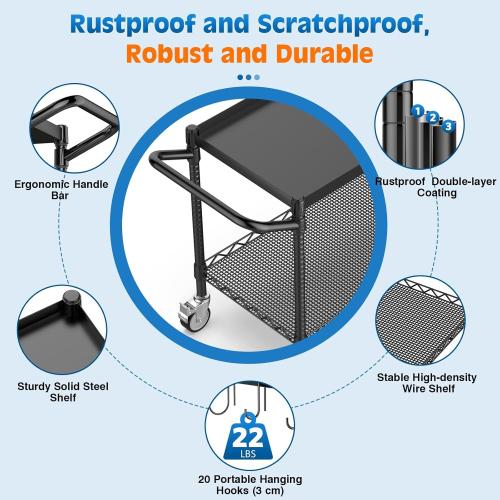 Leteuke 2 Tier Utility Cart with Wheels, NSF Certified 900LBS Capacity Heavy Duty Rolling Utility Carts with Handle Bar, Commercial Grade Metal Serving Storage Cart for Warehouse Garage Kitchen, Black