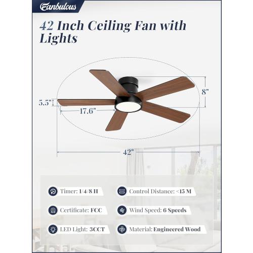 Fanbulous 42 Inch Ceiling Fans with Lights and Remote,Outdoor Indoor Modern Flush Mount Ceiling Fan with 3CCT 6-Speed Quiet DC Motor,Black Small Low Profile Ceiling Fan for Bedroom Living Room Office
