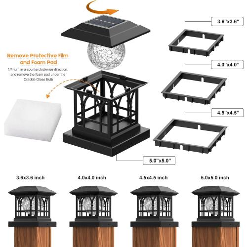 Fence Post Solar Lights, Crackle Glass Solar Post Cap Lights, 20 Lumens, Warm White & RGB Automatic Cycling 2 Modes for 3.6x3.6 4x4 4.5x4.5 5x5 Vinyl Wooden Posts Decoration, Black (1 Pack)