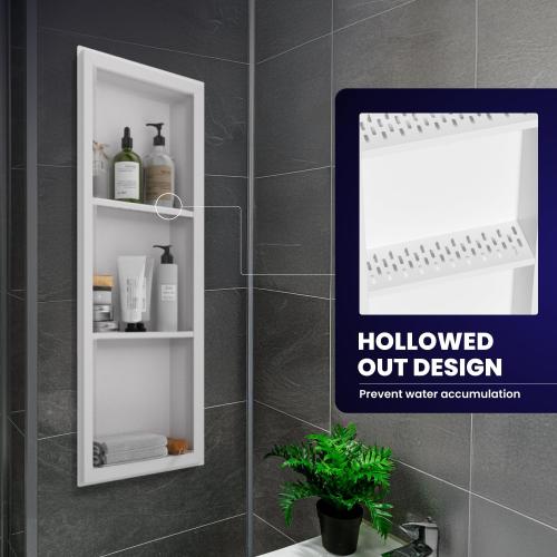 Stainless Steel Shower Niche 12 x 36, 3-Layer Wall Mounted No Tile Needed, Recessed Shower Niche with Hollow Partition, Shower Niches Shelf for Bathroom Organizer, White