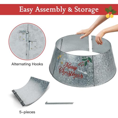 Putuo Decor Galvanized Christmas Tree Collar for 6-7.5 Ft Trees Metal Adjustable Stand Cover with Printed Merry Christmas Farmhouse Decor for Artificial Trees, 27 in Silver