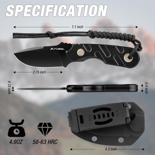 Black 7 FLISSA Fixed Blade Knife, 7 Inch Full Tang Hunting Knife with Kydex Sheath and Emergency Rope, Tactical Knife for Survival, Camping, Hiking(Black)