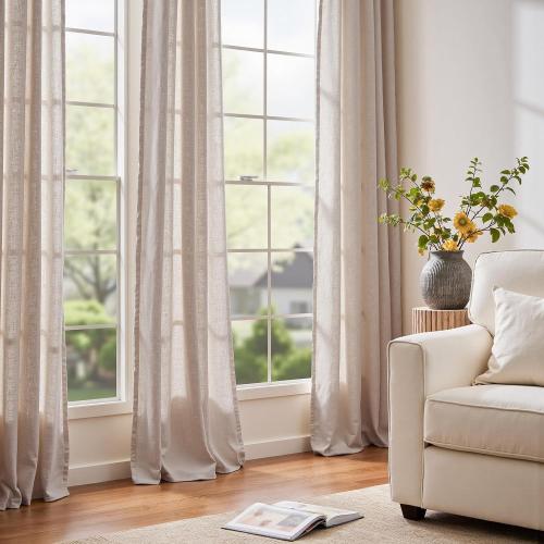 jinchan Linen Curtain 96 Inches Long for Sliding Glass Door, Extra Wide 100 Inch Farmhouse Semi Sheer Ceiling Curtain Living Room Light Filtering Grommet Farmhouse Rustic Taupe Drape, 100x96 1 Panel