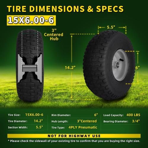 2 PCS 15x6.00-6 Lawn Mower Tires and Wheel, Tire Assembly Replacement for Riding Lawn Mower Front Tires, 3/4 Bearing, 3 Centered Hub, 4 Ply Pneumatic