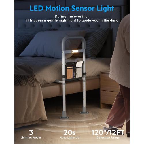 White and Grey Bed Rails Elderly Adults Safety: Side Assist Grab Bar Handrails for Seniors with Motion Sensor LED Light Pouch - Adjustable Bed Cane Portable Handle Bedside Railing - Fits Twin Full Queen King Grey