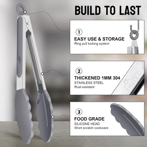 HOTEC Premium Stainless Steel Locking Kitchen Tongs with Silicon Tips, Set of 3-7, 9 and 12 (Black,Grey,Khaki)
