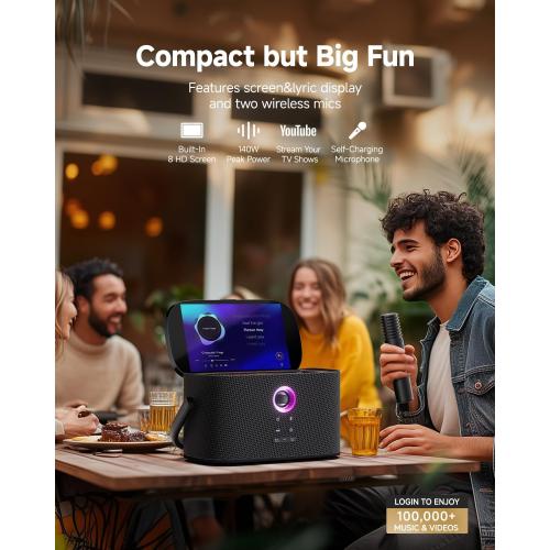 Karaoke Machine for Adults, with Lyrics Display and Screen, Support HDMI to TV, WiFi Connects to Karaoke App and YouTube, 2 Self-Charging Wireless Microphones EQ Autotune,140W Speaker for Home Party
