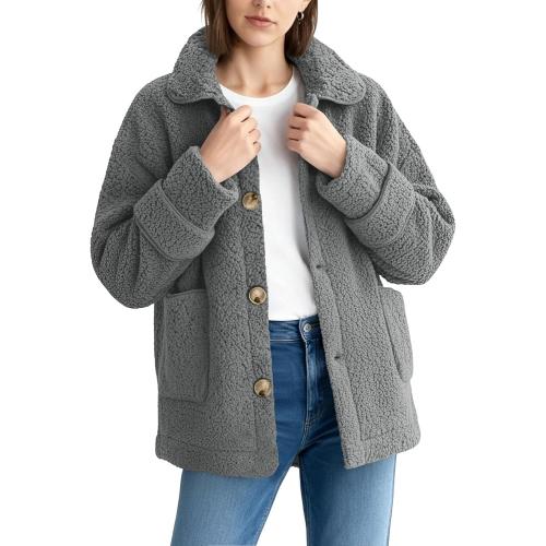 O'NEILL Womens Fuzzy Fleece Jacket Button Down Sherpa Coats Casual Faux Furturn Collar Thicken Outerwear with Pockets.  Size XS (color Navy)