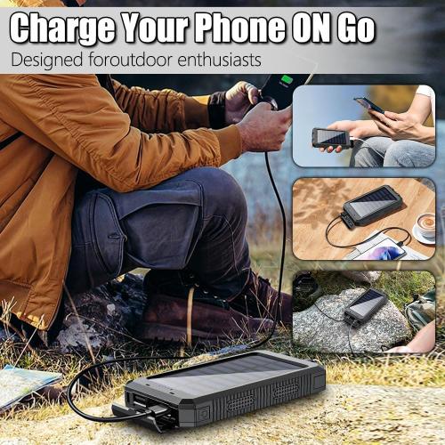 10000mAh Solar Power Bank with Type-C & Dual USB Ports for iPhone、Samsung & More，Shockproof, Dustproof, with Compass & LED Light,Safety Protections,Perfect for Outdoor & Daily Commute (Black)