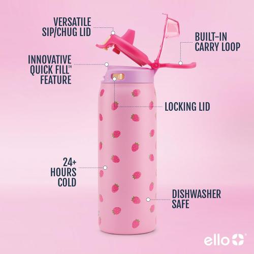 Ello Pop & Fill 18oz Stainless Steel Kids Water Bottle with Quick Fill Lid | Vacuum Insulated BPA Free Bottle with Leak Proof Straw and Chug Lid, Dishwasher Safe, Gift For Kids Teens, Strawberries