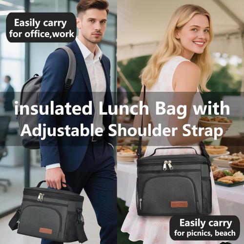 Joingo Insulated Lunch Bag for Women/Men - Reusable Lunch Box for Office Picnic Hiking Beach - Leakproof Cooler Tote Bag Organizer with Adjustable Shoulder Strap for Adults - Black