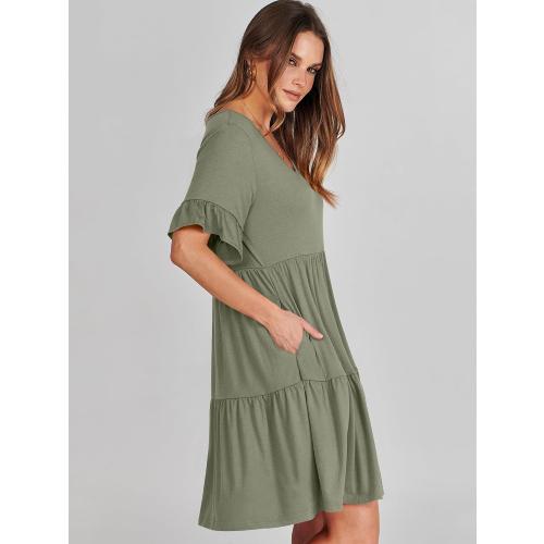 Size L ANRABESS Dresses for Women Summer 2025 V Neck Ruffle Sleeve A Line Tiered Flowy Casual Trendy Mini Beach Dress with Pockets