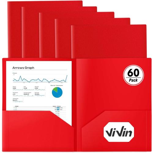 ViVin 60-Pack Red Plastic Folders with Pockets, Two Pocket Folders, Plastic Pocket Folders for School, Office and Home