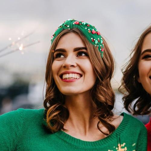 Christmas Headband for Women, Rhinestone Pearl Knotted Headband | Sparkly Top Knotted Head Band Holiday Headbands Fashion Hair Christmas Accessories Cute Green Hair Bands for Women Girls