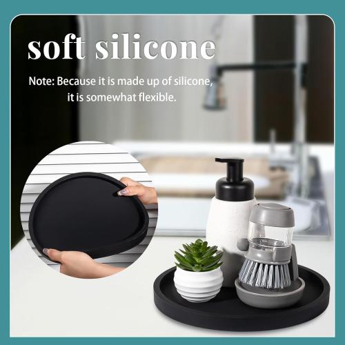 Silicone Bathroom Tray Round Vanity Tray Decorative Soap Holder Kitchen Countertop Organizer Coffee Table Decor for Candle, Perfume, Plant, 11 Inch, Black