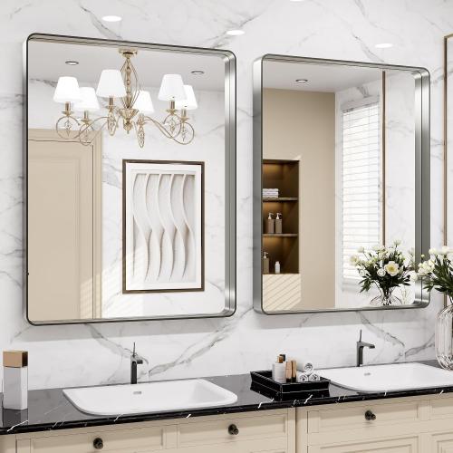 LOAAO 24X36 Inch Brushed Nickel Bathroom Mirror, Rounded Rectangle Silver Metal Frame Mirror, Brushed Nickel, Anti-Rust, Hangs Horizontally or Vertically