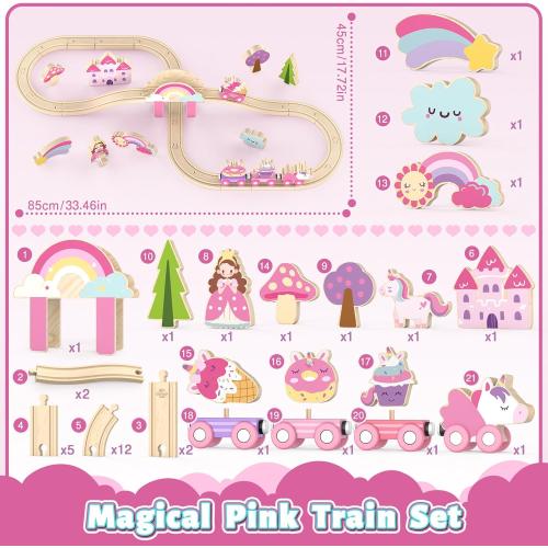 Lehoo Castle Wooden Train Set - Unicorn Train Set for Toddlers 2-4, Wooden Train Track Toddler Girl Toys, Pink Train Fantasy Toys for 3 4 5 6 7 Year Old Girl